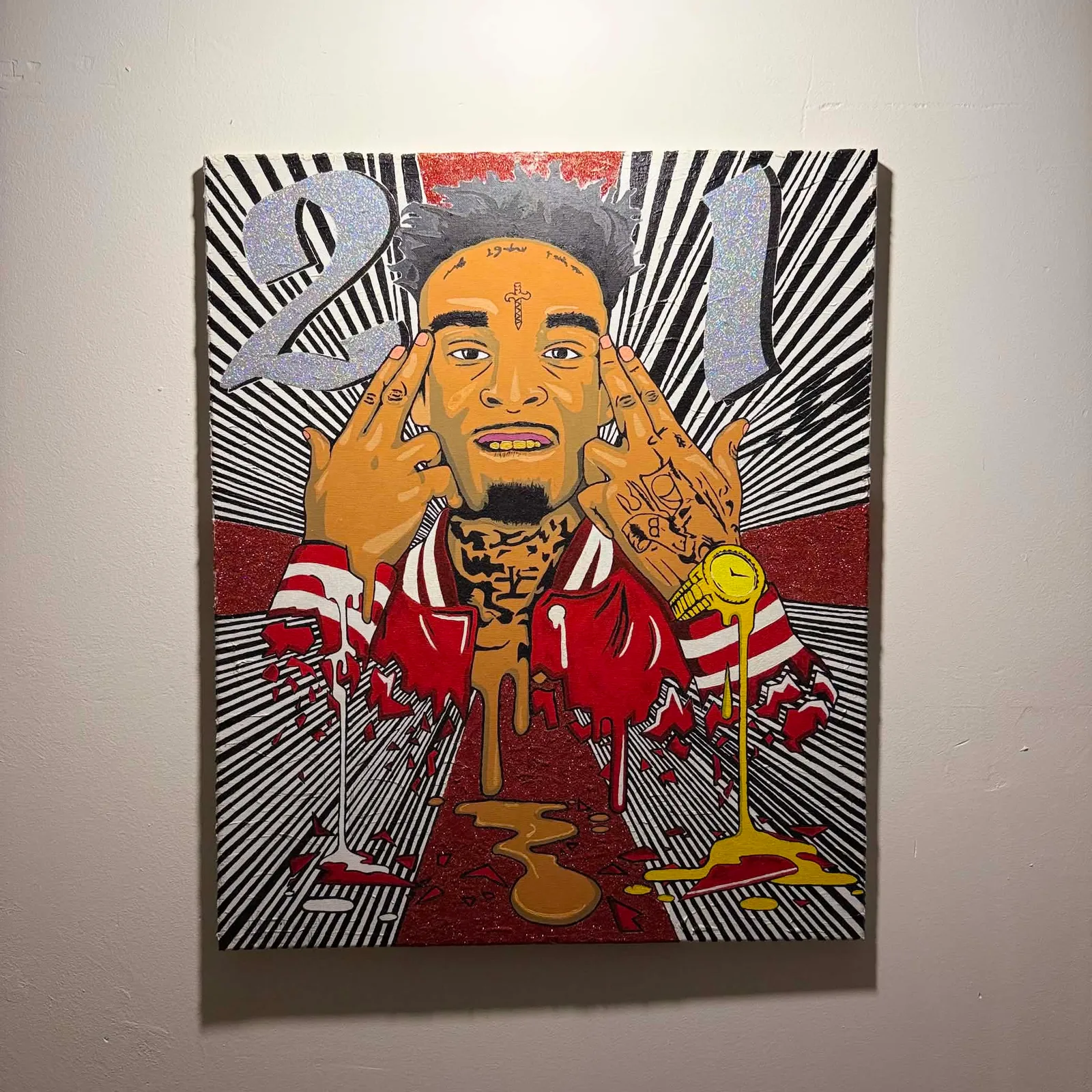 21 Savage — Acrylique et paillettes sur toile, 65 × 54 cm, 2025